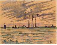 Signac Paul Harbor with Sailboat Tugboat and Barge  - Hermitage